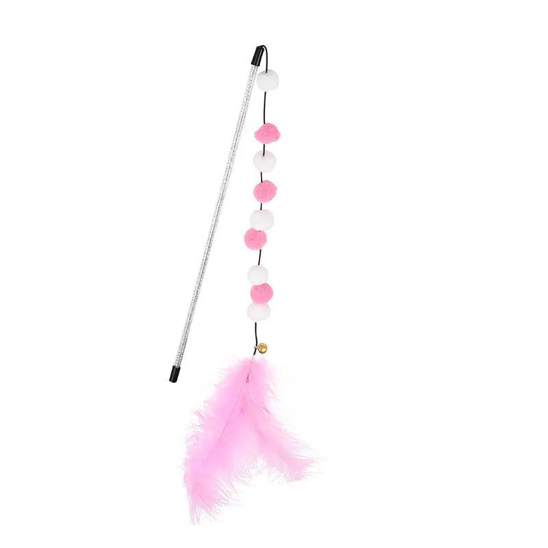 31cm acrylic cat teaser rod with bell and contrasting pompon feather in four colour options