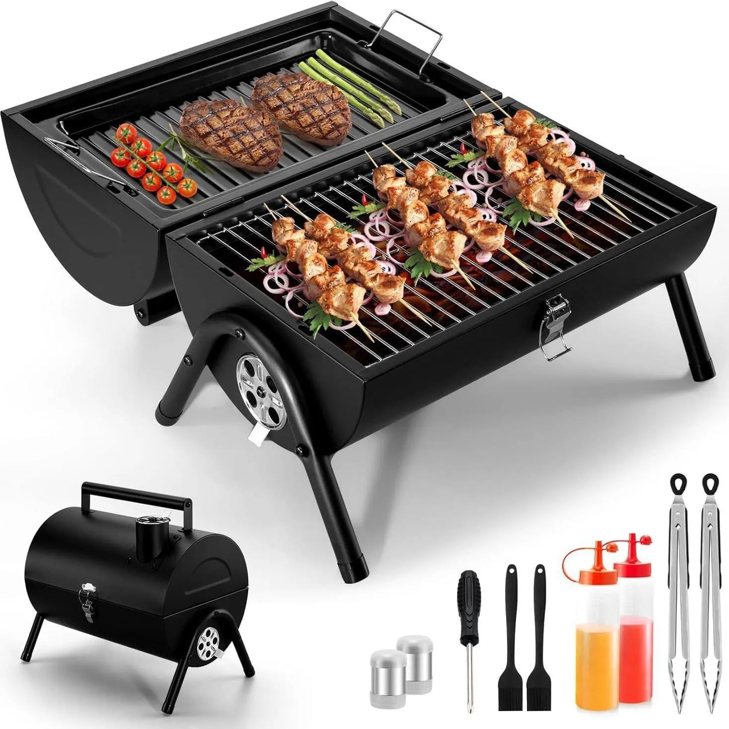 Small folding desktop charcoal barbecue grill smoking device