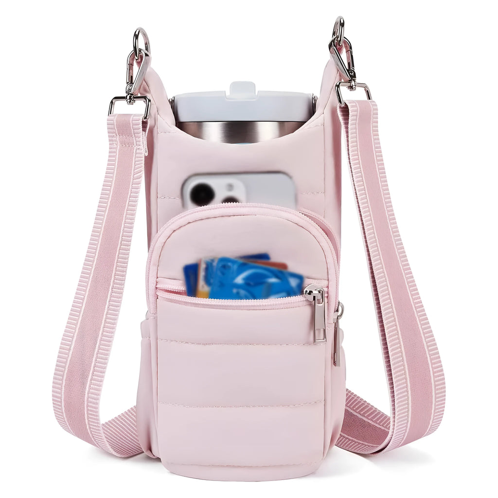 Black, pink and beige cloth water bottle bags for bicycles