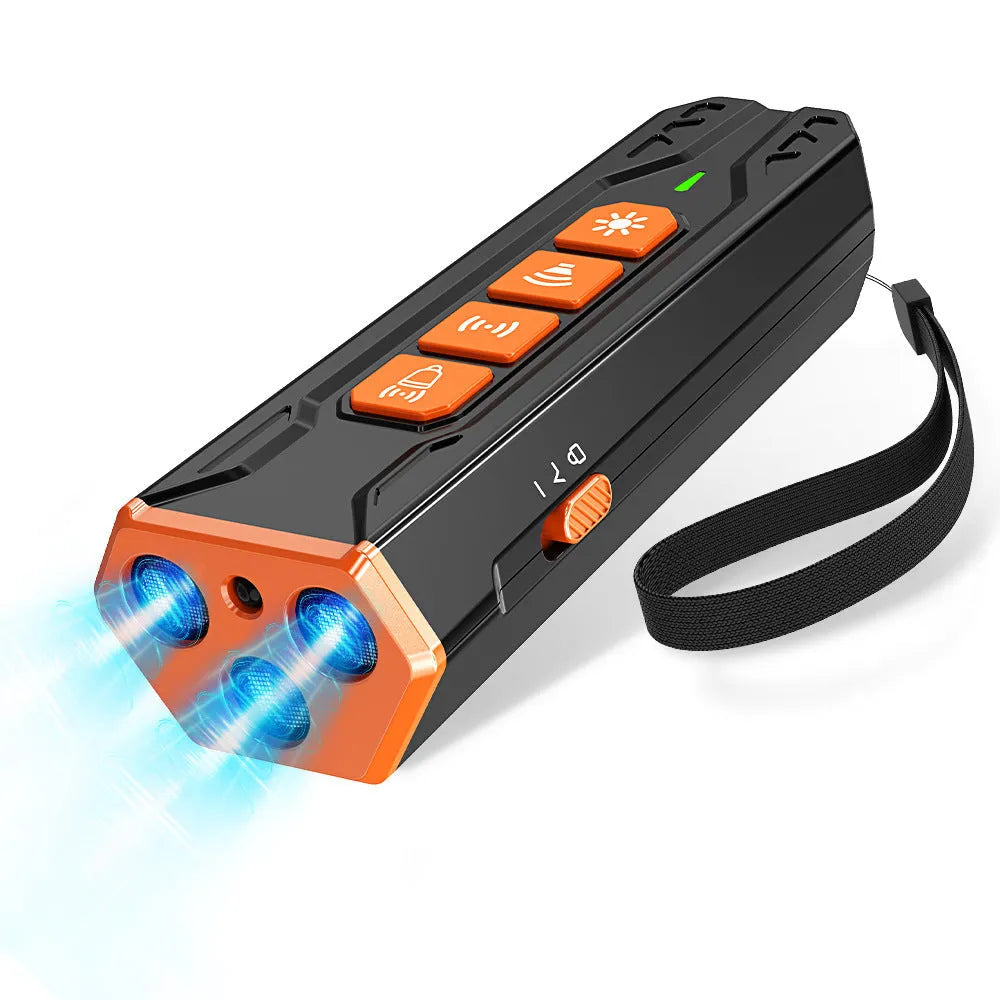 Three-head ultrasonic dog trainer with adjustable frequency control in grey orange colour