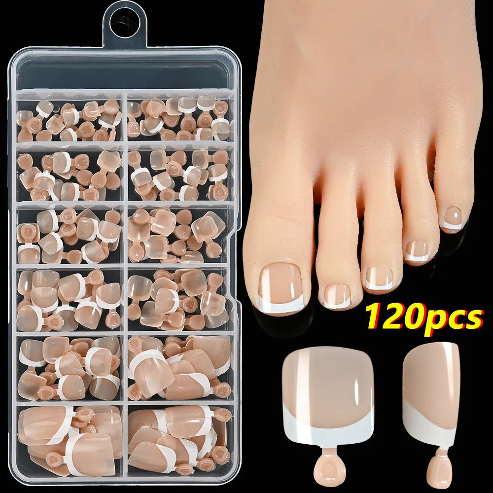 120 piece box of French white edge toenail pieces in nine nude colours with full square short shape