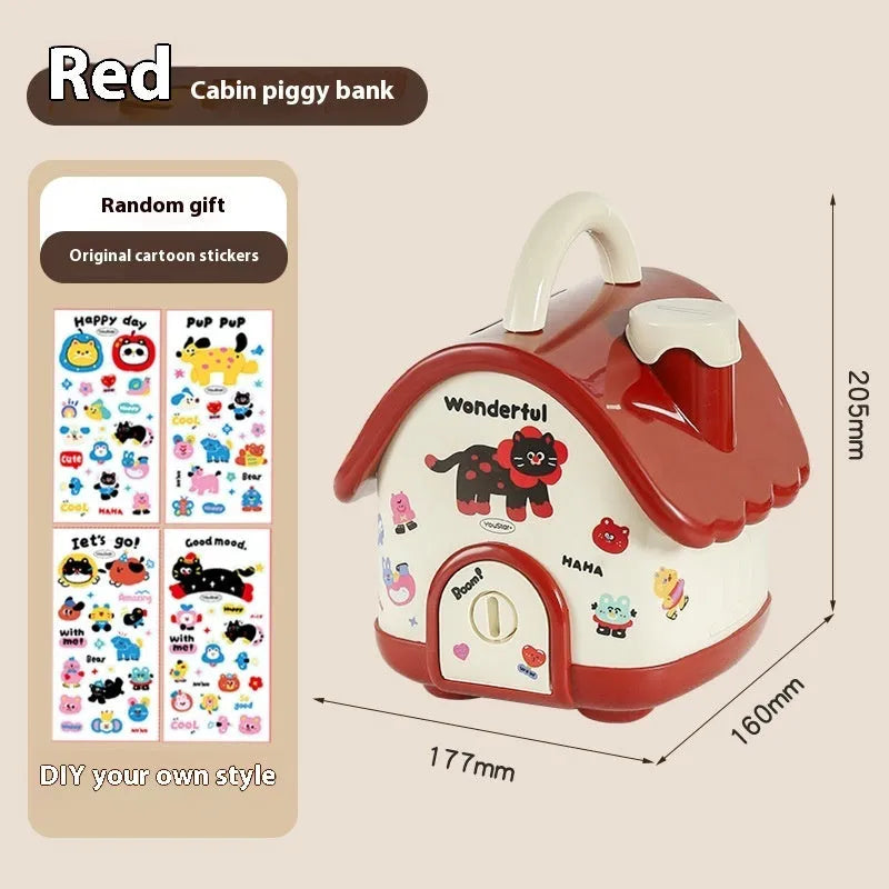 Cartoon design plastic desktop organiser with storage box, pen container, tissue box and coin bank accessories in red and brown colours