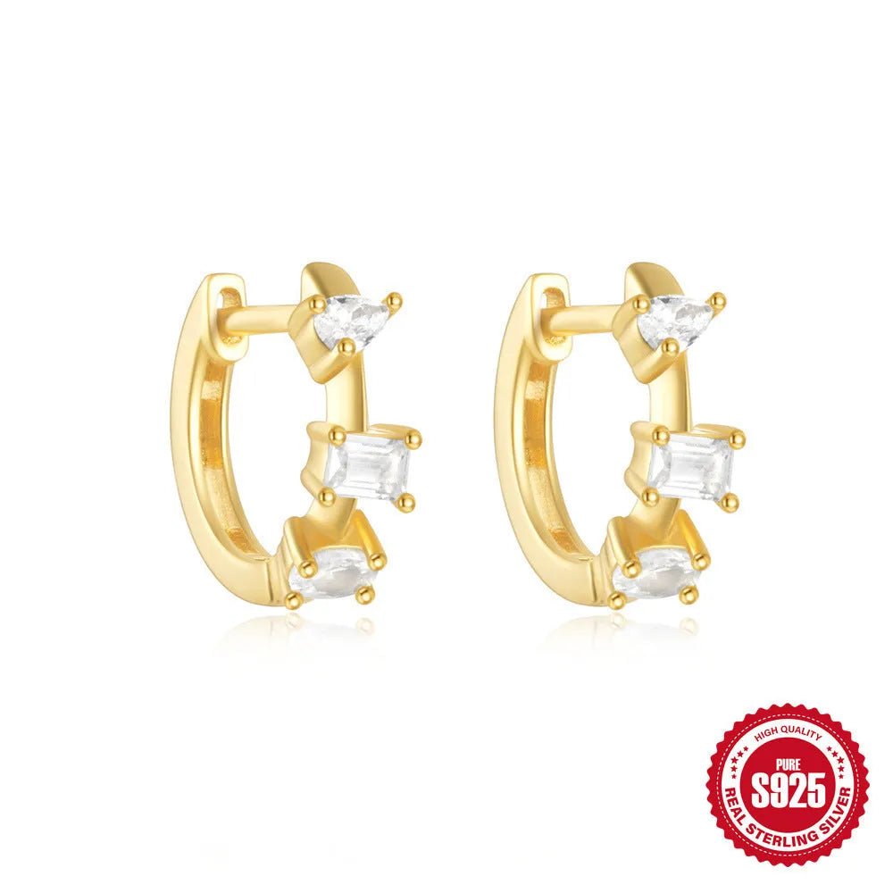 Sterling silver geometric stud earrings with small round diamond accent in gold or silver finish