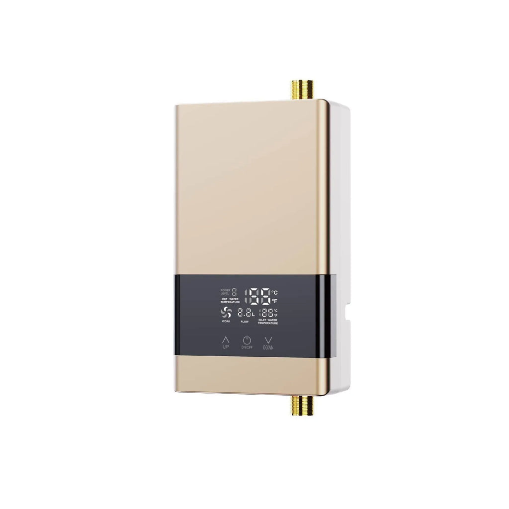 Gold and white instant electric water heater with LED touch screen and cast aluminum body for kitchen and shower use