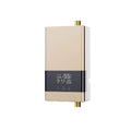 Gold and white instant electric water heater with LED touch screen and cast aluminum body for kitchen and shower use