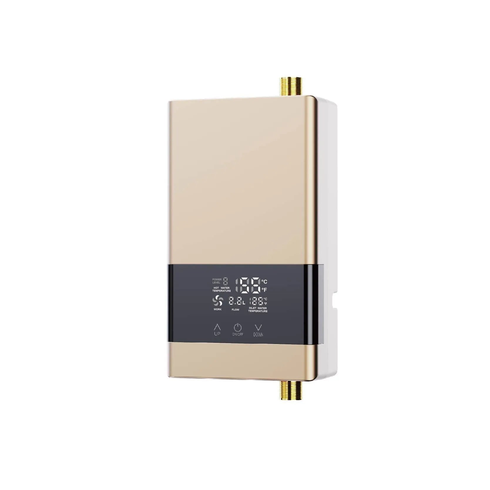 Gold and white instant electric water heater with LED touch screen and cast aluminum body for kitchen and shower use