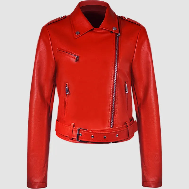 Women's black PU leather motorcycle jacket with lapel collar and short belt detail
