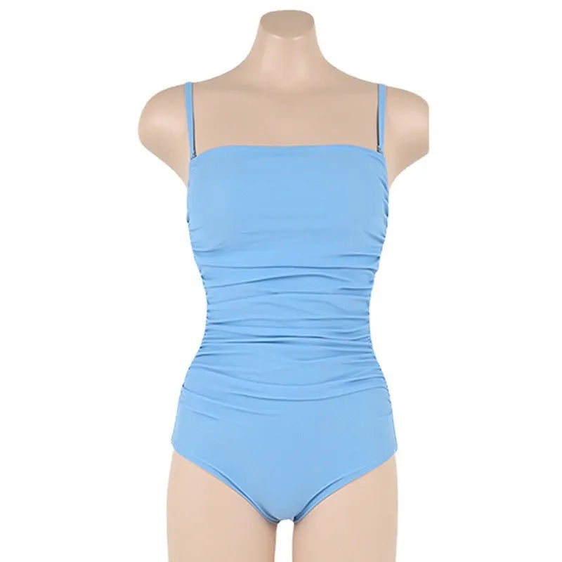 Women's sling style one-piece swimsuit with belly pleats in solid colour options