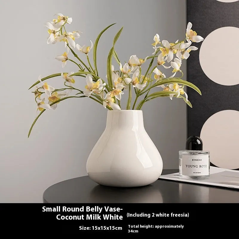 Ceramic round belly French vase in black or white glaze with optional artificial orchid flowers