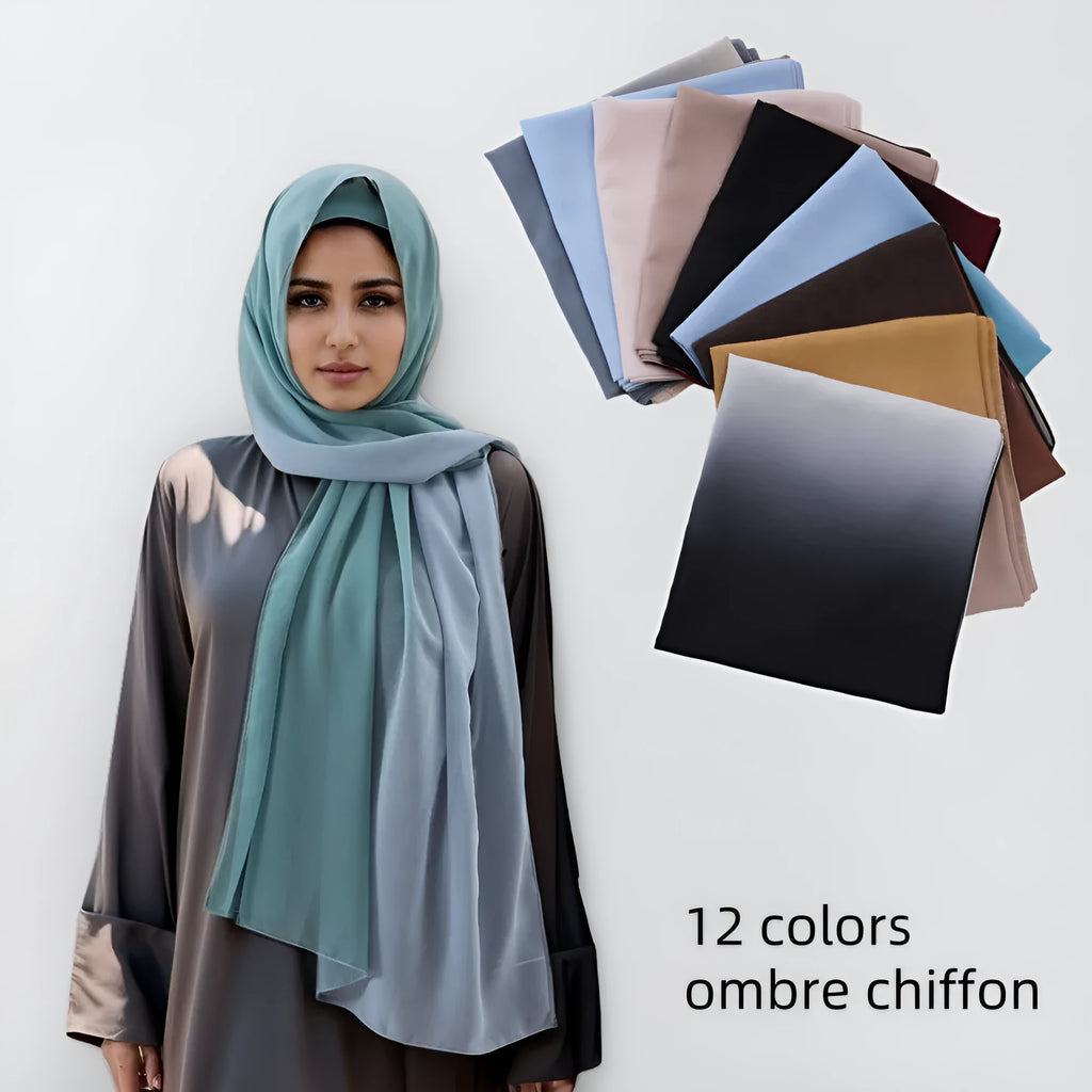 Long polyester chiffon summer scarf for women in an ethnic style, shown in one of twelve available colours.