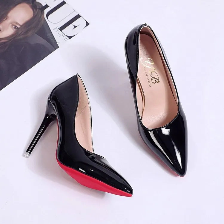 Women's pointed toe stiletto heel pumps in solid colours with shallow mouth opening