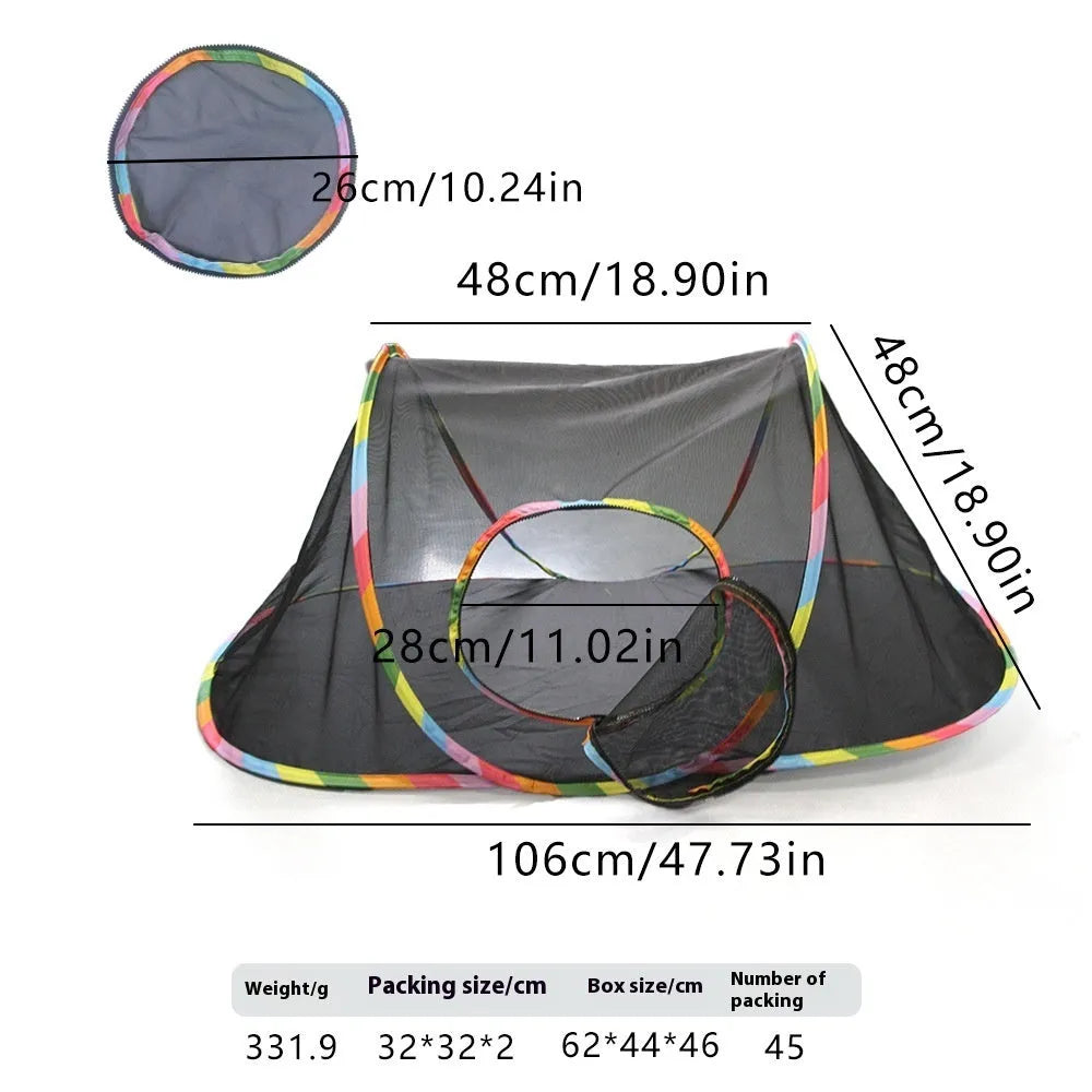 Foldable mesh cat cage pet toy shown in a hexagonal style variant.