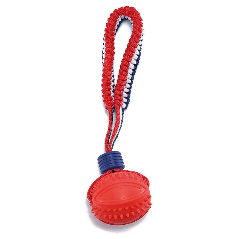 Blue dog ball with rope toy showing textured surface and 29cm length