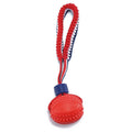 Blue dog ball with rope toy showing textured surface and 29cm length