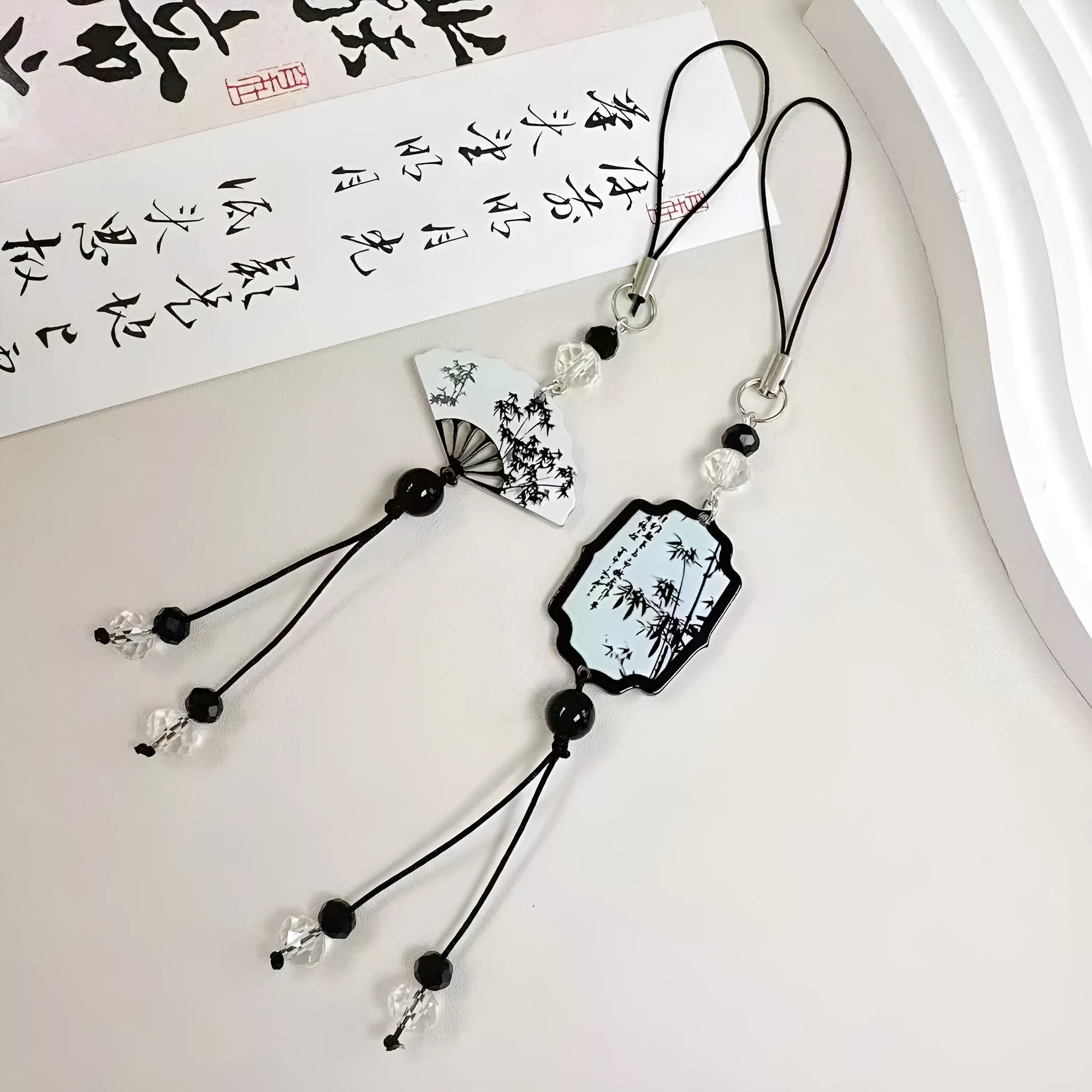 Guofeng Chinese style bead pendant keychain with plant and flower pattern in Fan colour