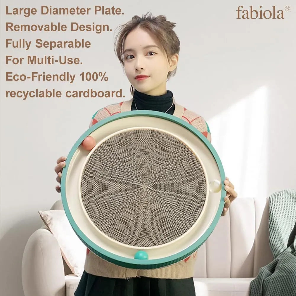 Large circular cat scratching board with ball toys measuring 45cm in diameter
