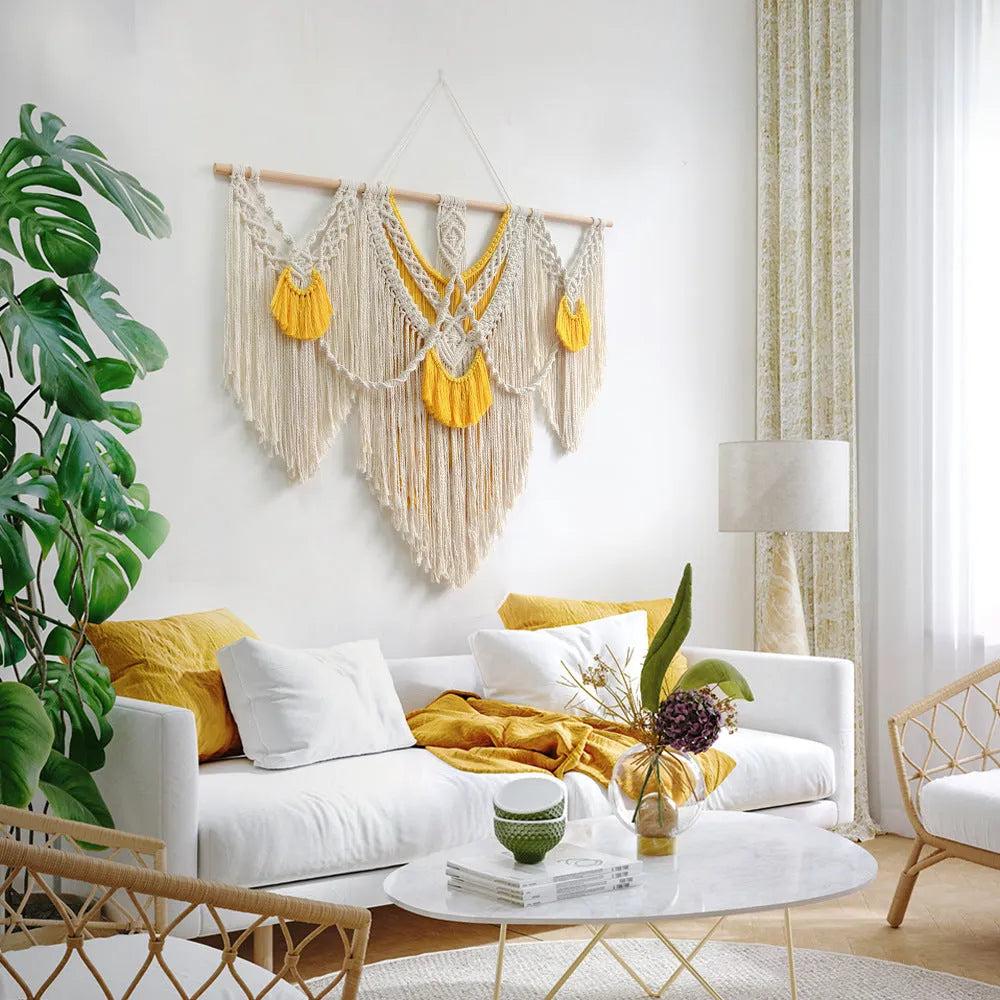 Hand-woven creamy-white cotton tapestry with Nordic style design, rectangular 120x95cm wall hanging