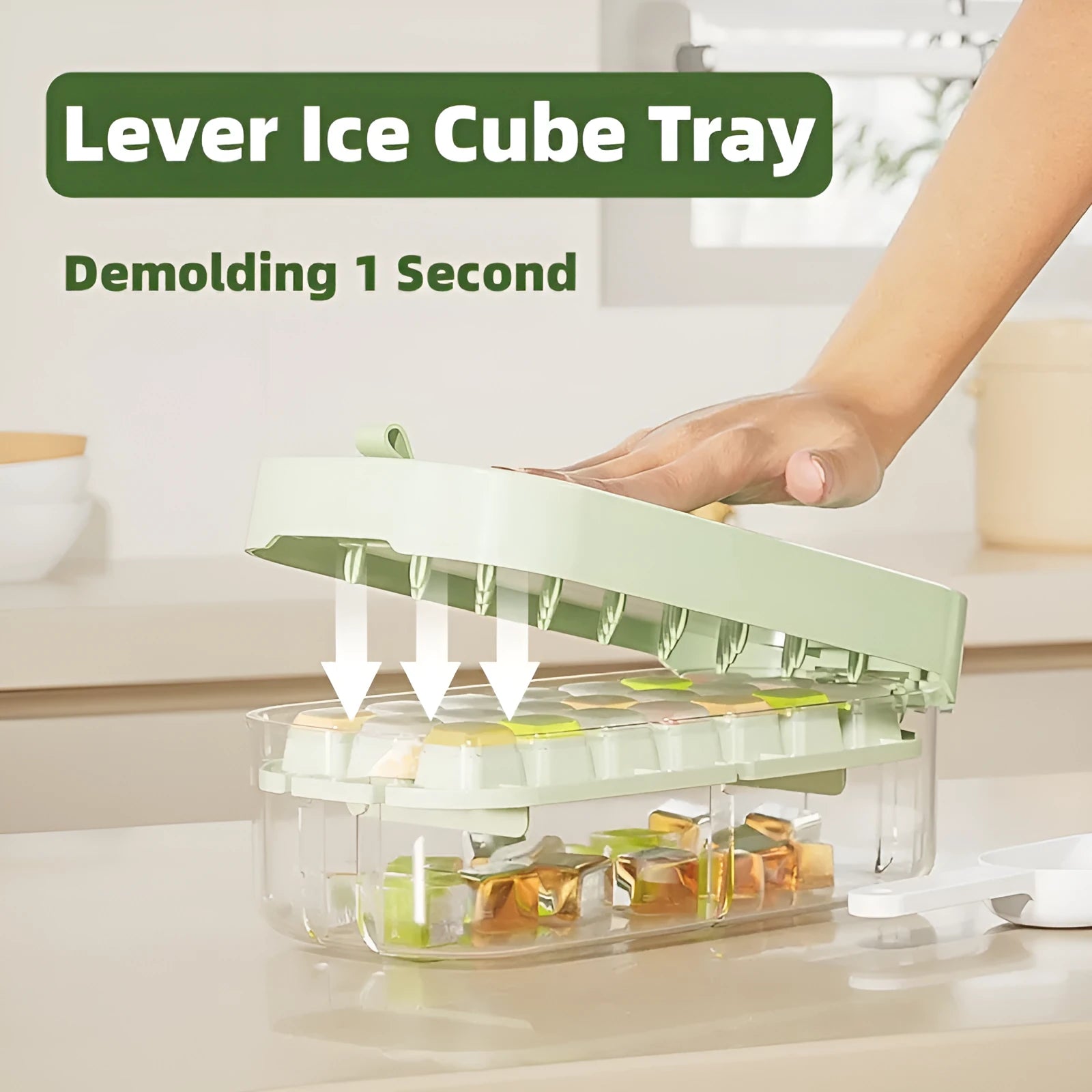 Blue high-capacity ice cube tray with integrated storage for an ice shovel.