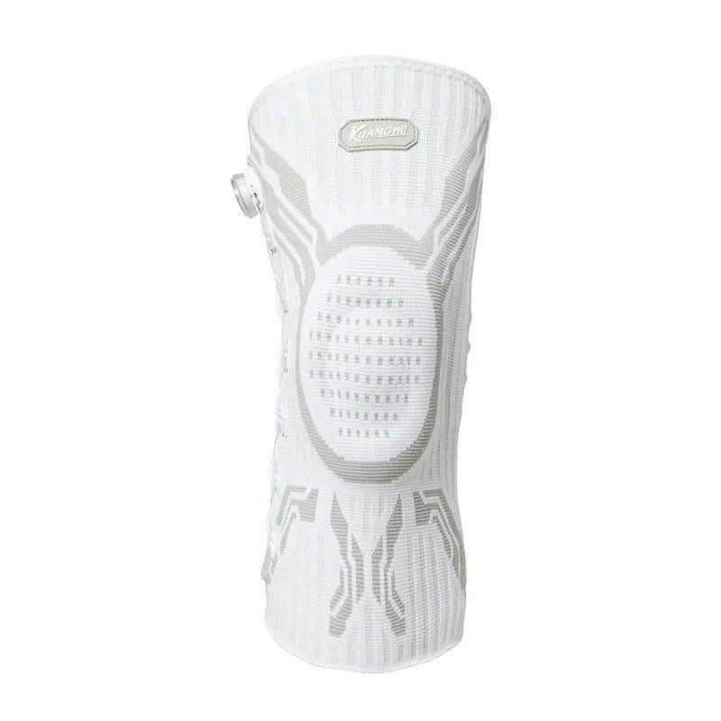 Grey and white sports knee pads for left and right knee, shown with size tags M, L, and XL.