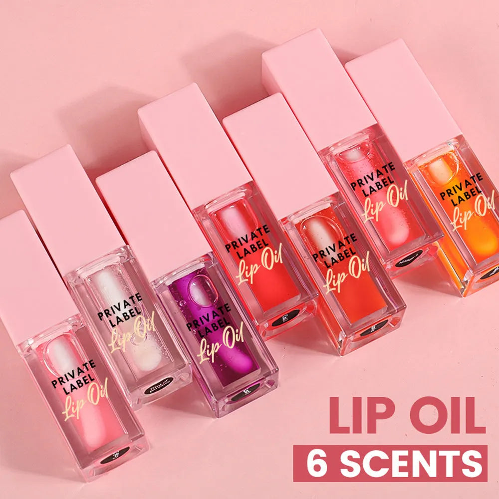 Set of six transparent lip gloss tubes in shades Bird of Paradise, Cherry, Coral, Mango, Strawberry, Watermelon
