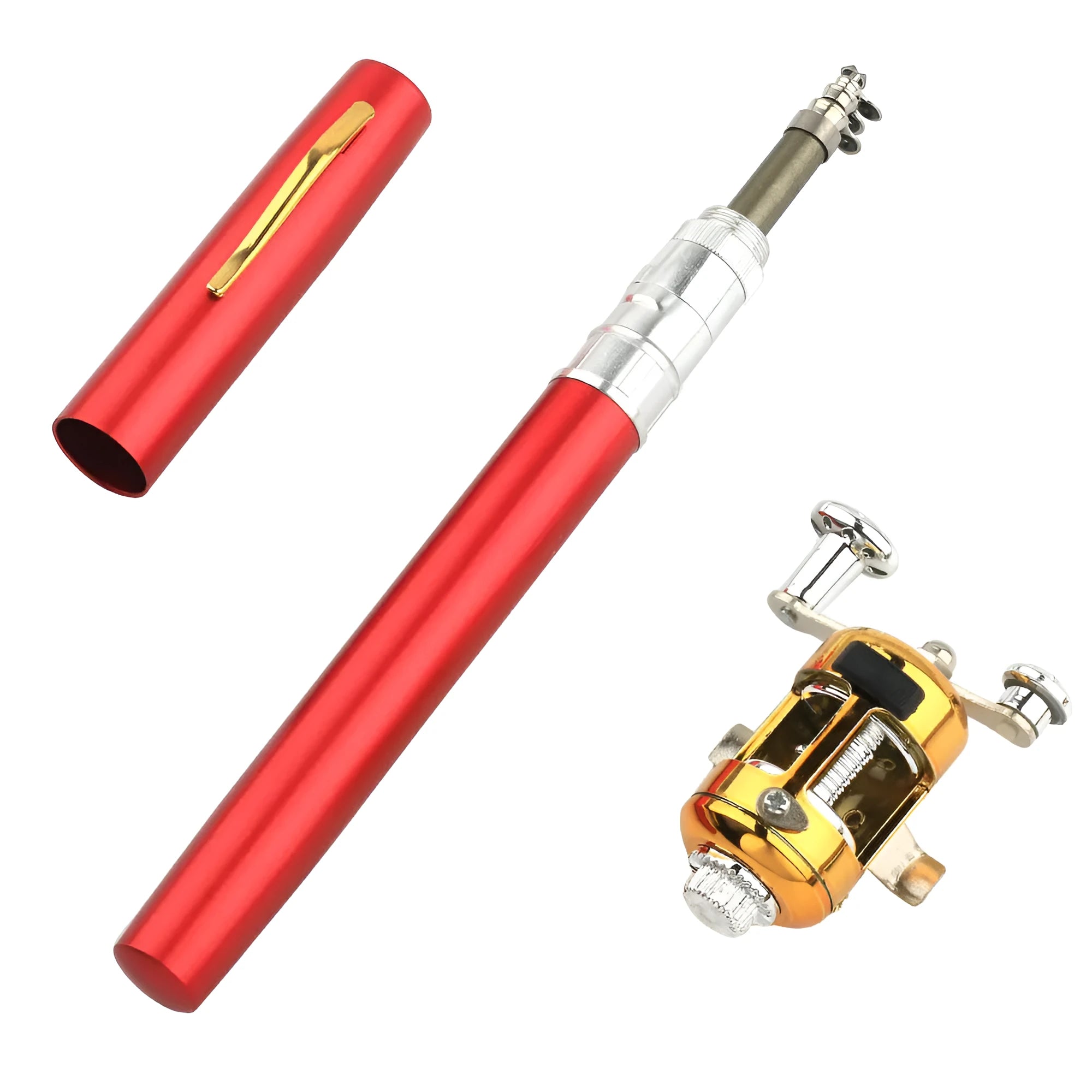 Gold telescopic fishing rod extended from aluminium pen case with ST5RL drum attached