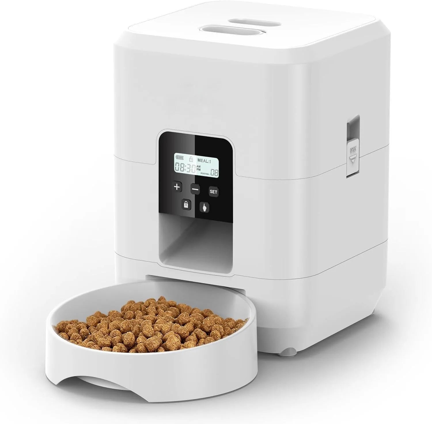 Automatic cat feeder with digital display and food storage compartment in white finish