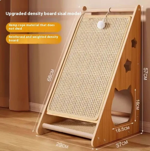 Vertical wall-mounted cat scratch board with sisal surface and hemp rope ball attachment