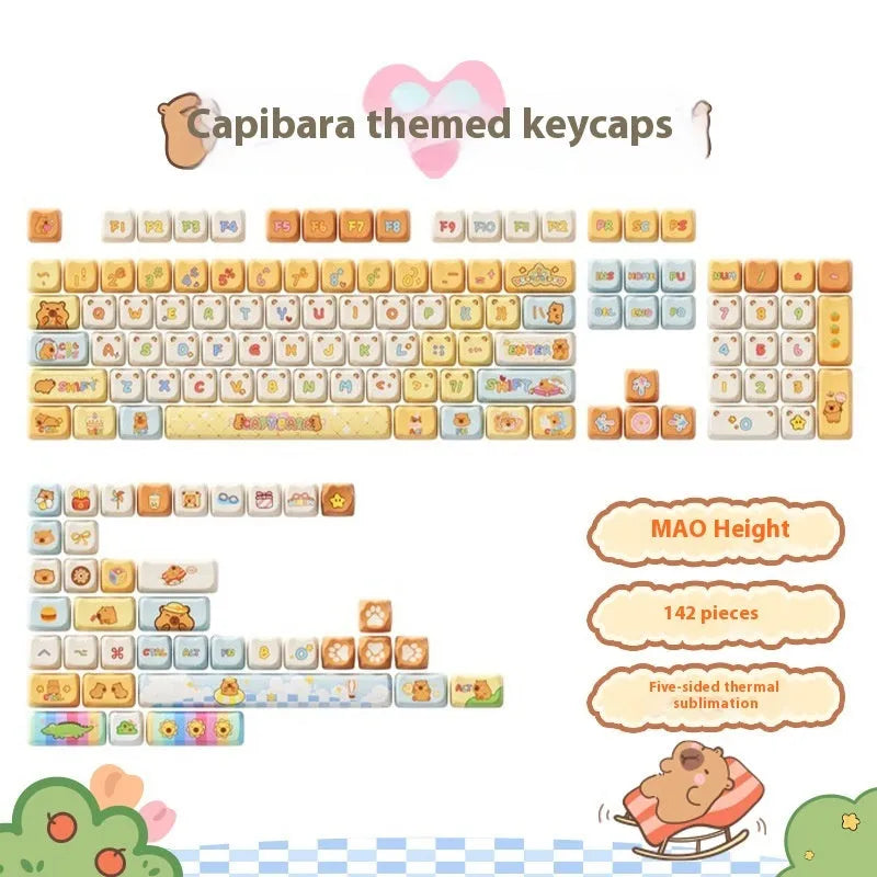 Sublimation printed cartoon theme keycap set for mechanical keyboard with pig party and capybara designs