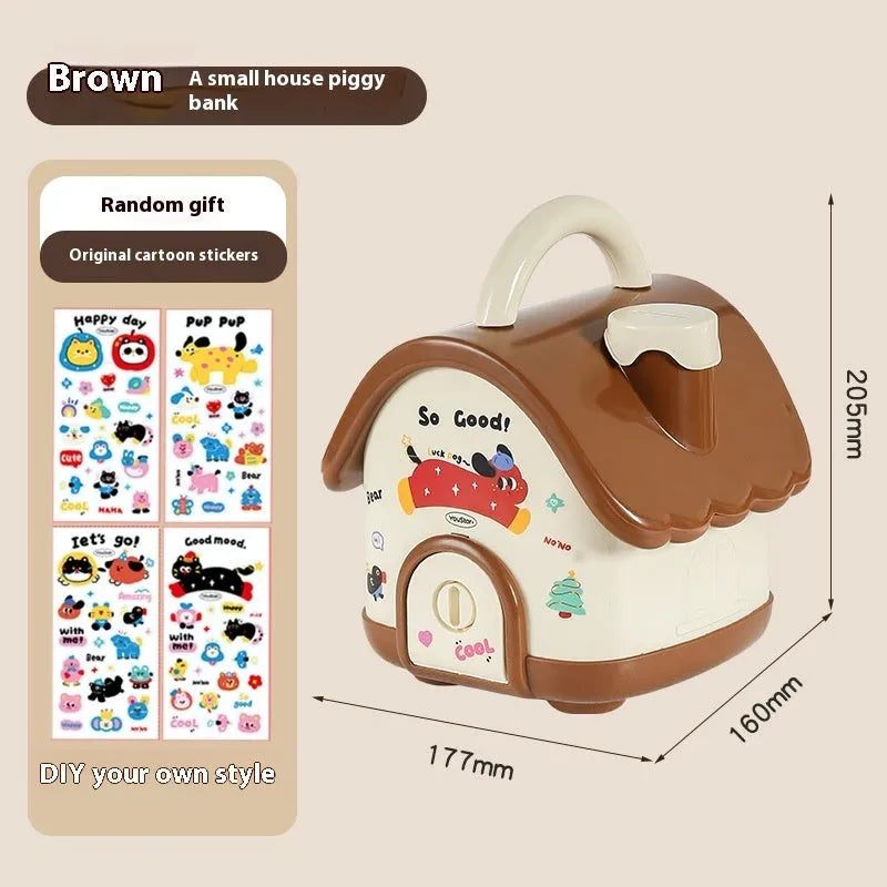 Cartoon design plastic desktop organiser with storage box, pen container, tissue box and coin bank accessories in red and brown colours
