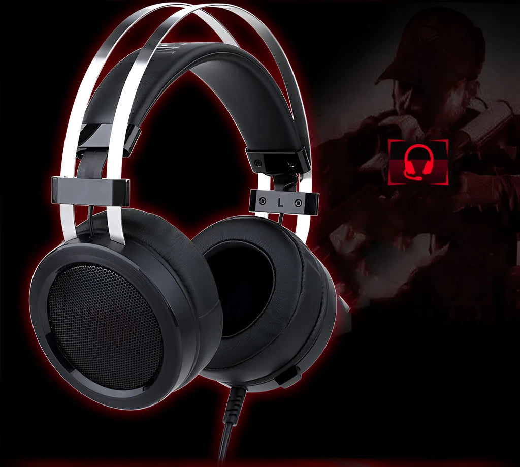 Black wired computer gaming headset with 3.5mm plug and long cable.