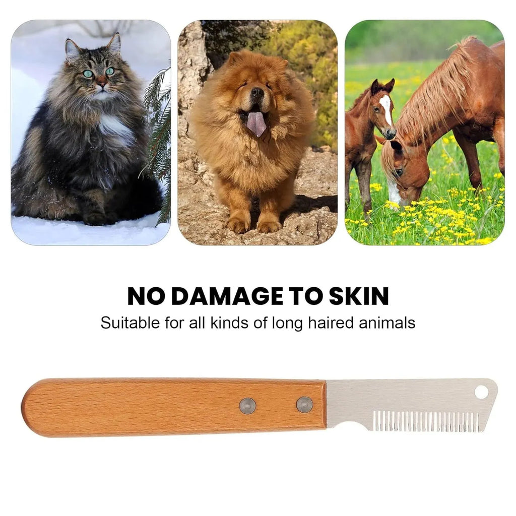 Pet grooming comb with wood handle and metal teeth for removing floating hair from dogs and cats