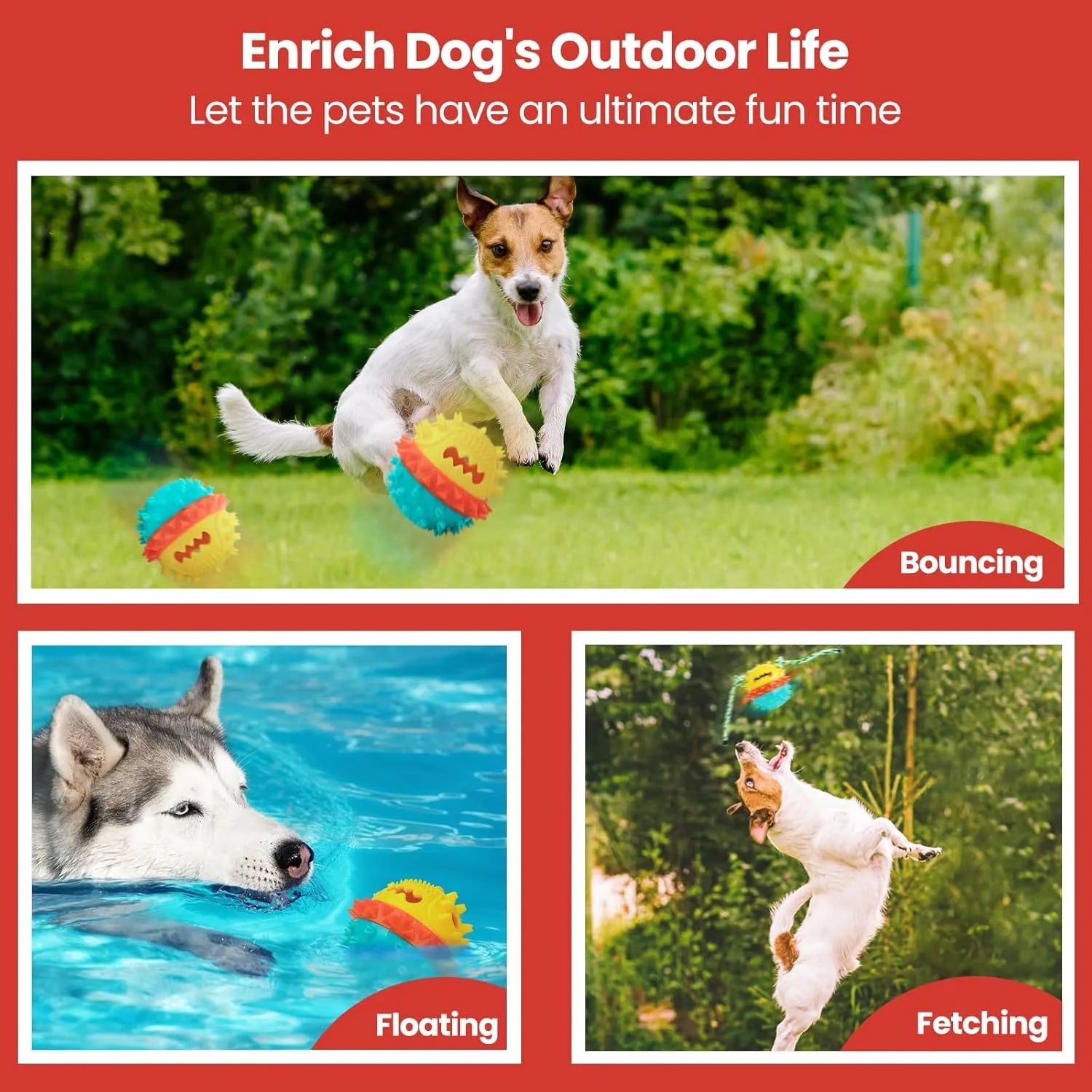 Blue and red ball-shaped dog chew toy with texture and a treat dispenser hole.