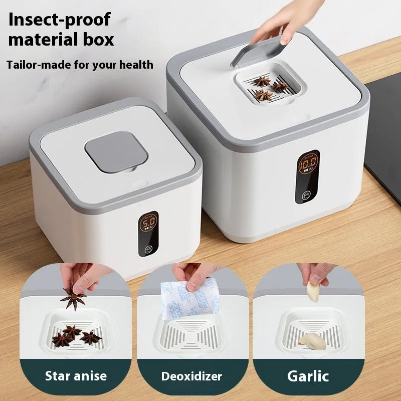 Gray sealed plastic rice jar with insect-proof lid and measuring cup for kitchen food storage