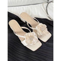 Women's chunky heel sandals with satin square toe and ankle strap in cream white.