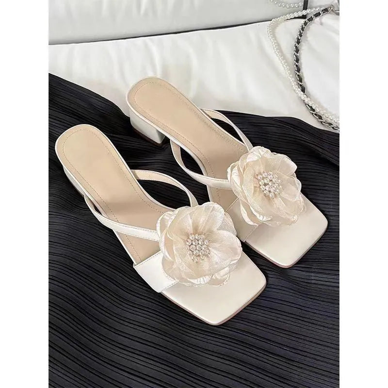 Women's chunky heel sandals with satin square toe and ankle strap in cream white.