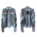 Men's washed blue striped casual shirt with lapel collar and long sleeves on hanger