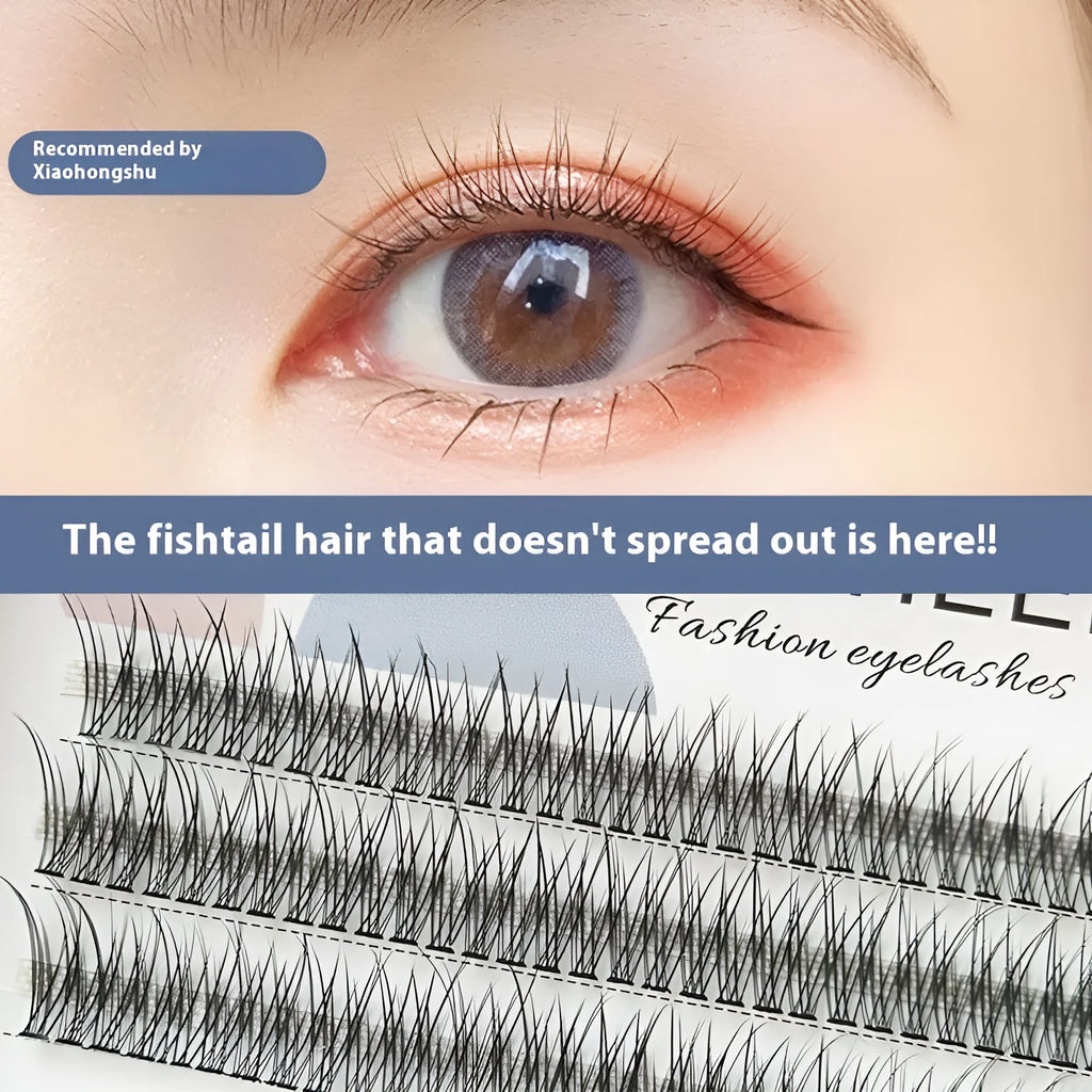 Black V-shaped fishtail false eyelashes showing thick segment design on a clear band.