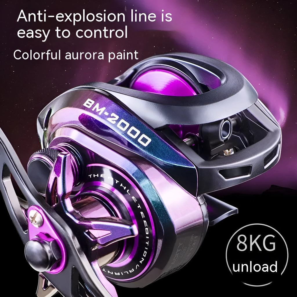 Colourful BM2000 fishing reel with magnetic brake system, shown in left and right-hand retrieve options.