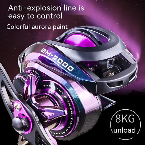 Colourful BM2000 fishing reel with magnetic brake system, shown in left and right-hand retrieve options.