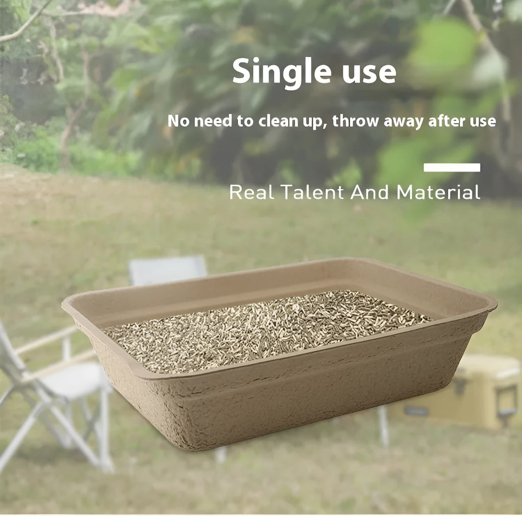 Brown disposable biodegradable cat litter box showing its three available size dimensions.