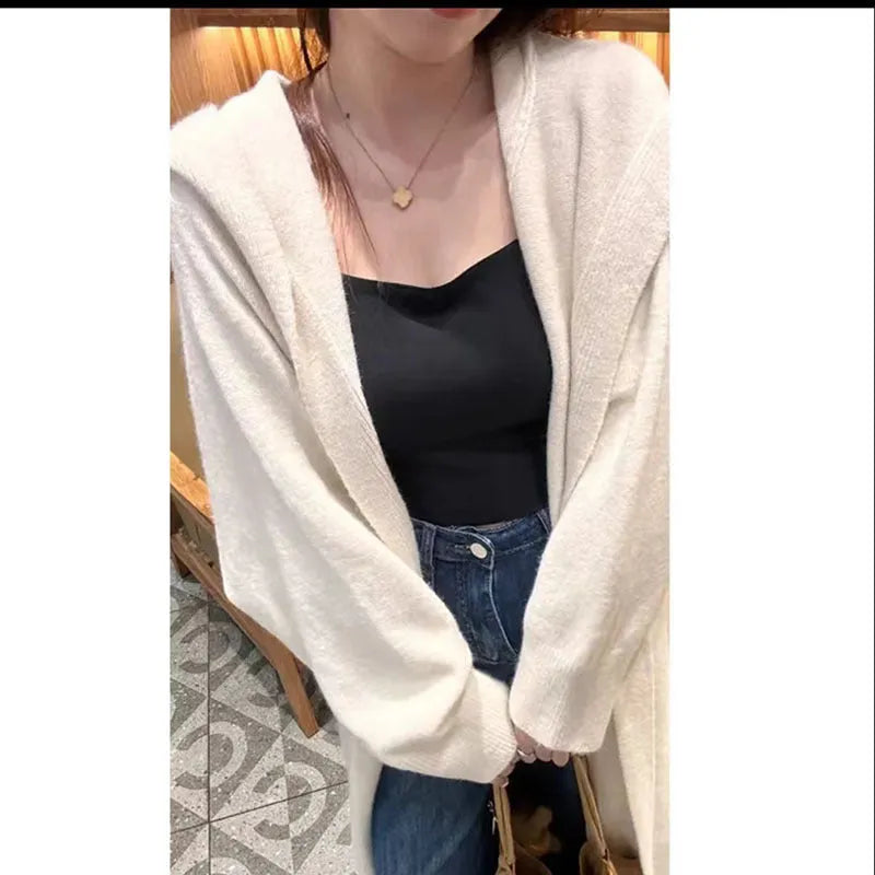 Korean style women's long hooded knit cardigan in oatmeal colour, loose fit.