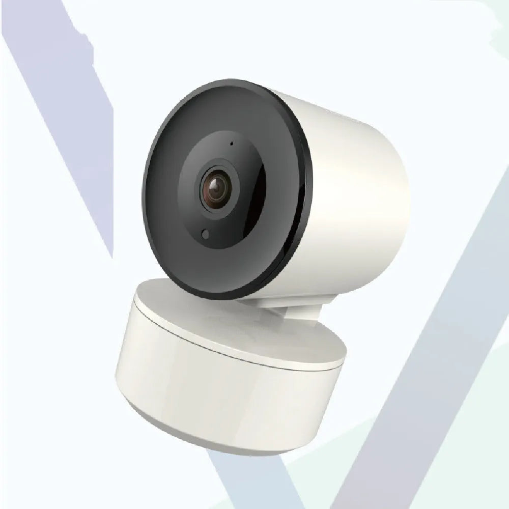 White indoor Wi‑Fi security camera with lens, shown on a desktop with power adapter