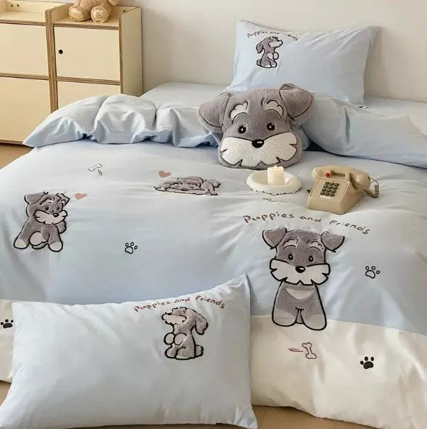 Cartoon Schnauzer cotton bedding set with embroidery details on quilt cover and pillowcases