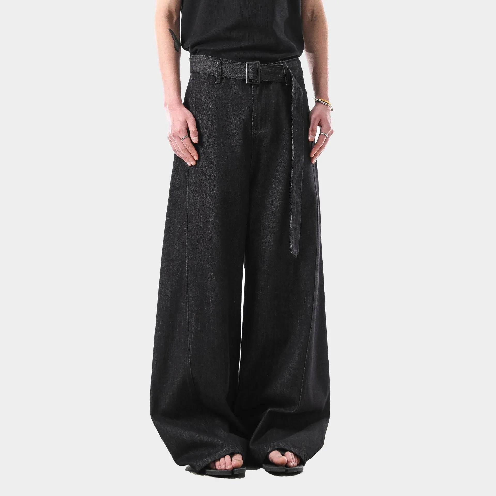 Women's black gold high waist straight leg denim jeans on a hanger.