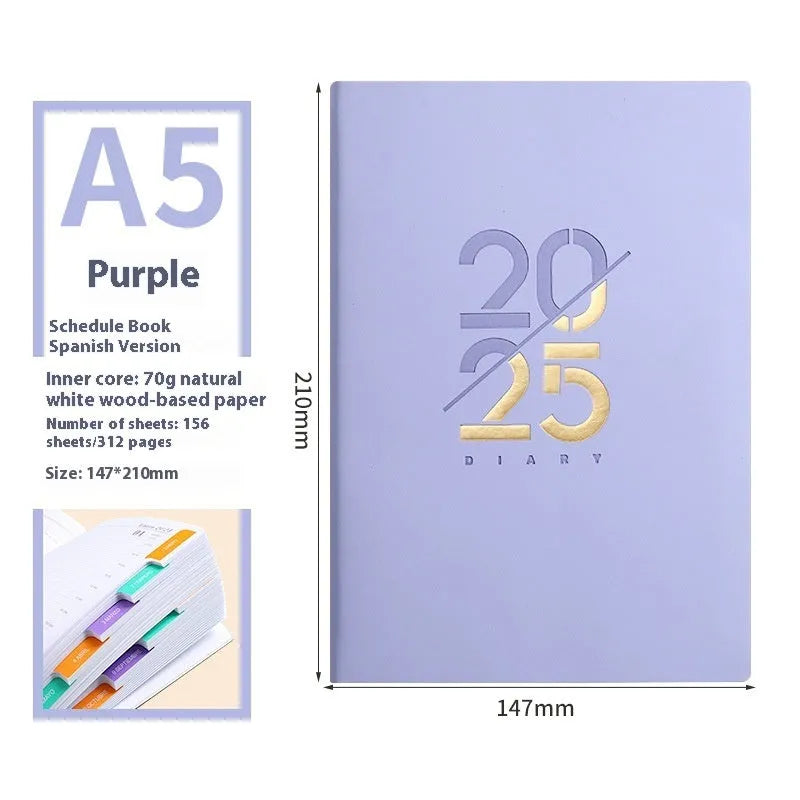 Soft faux leather A5 daily planner book open on a desk, showing Dorian paper pages and available colour variants.