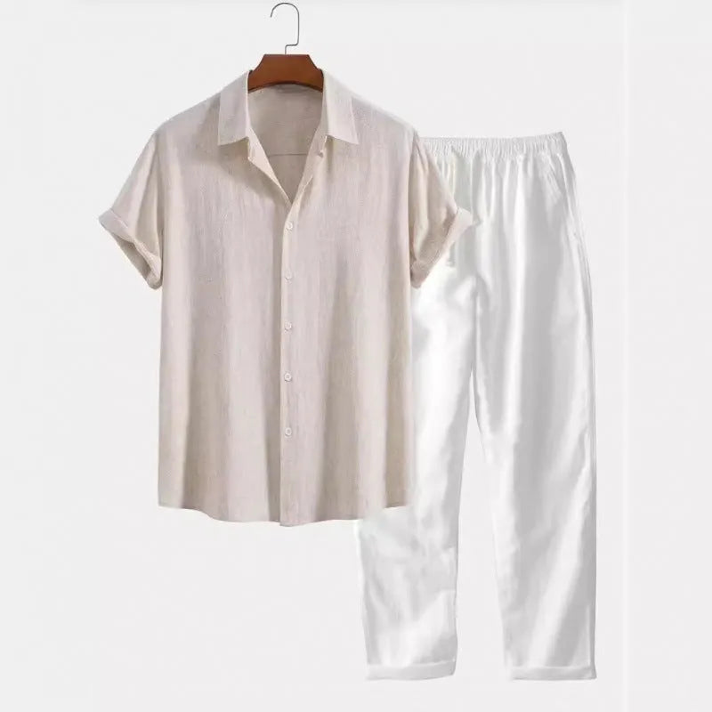 Men's casual short sleeve shirt and trousers suit in polyester linen fabric with loose fit