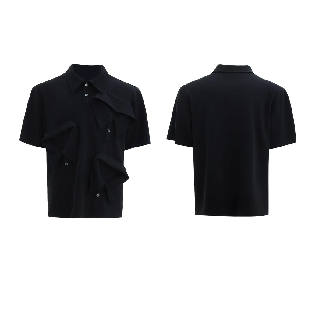Men's deconstructed polo shirt with geometric pattern and multiple collar styles in loose fit
