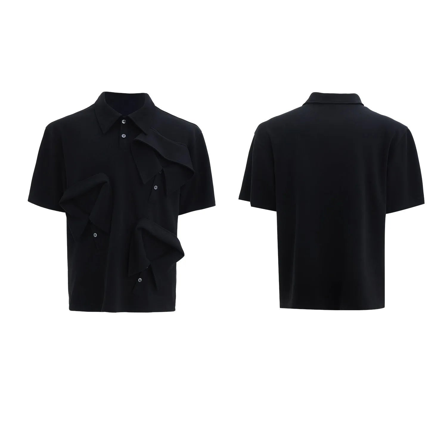 Men's deconstructed polo shirt with geometric pattern and multiple collar styles in loose fit