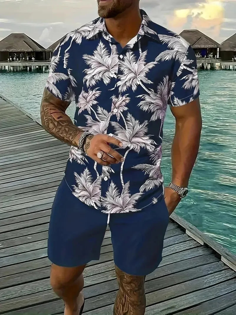 Man wearing a blue Hawaiian 3D printed short sleeve top and matching shorts leisure suit set.