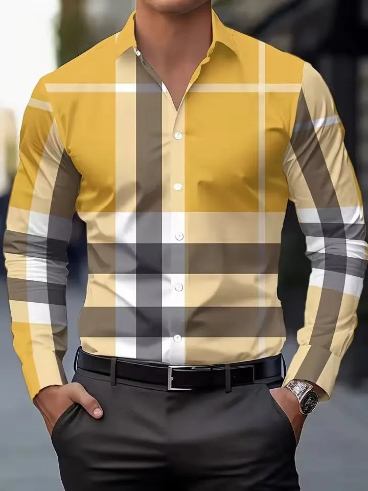 Men's striped printed long sleeve button-up shirt in polyester available in multiple colours and sizes up to 5XL